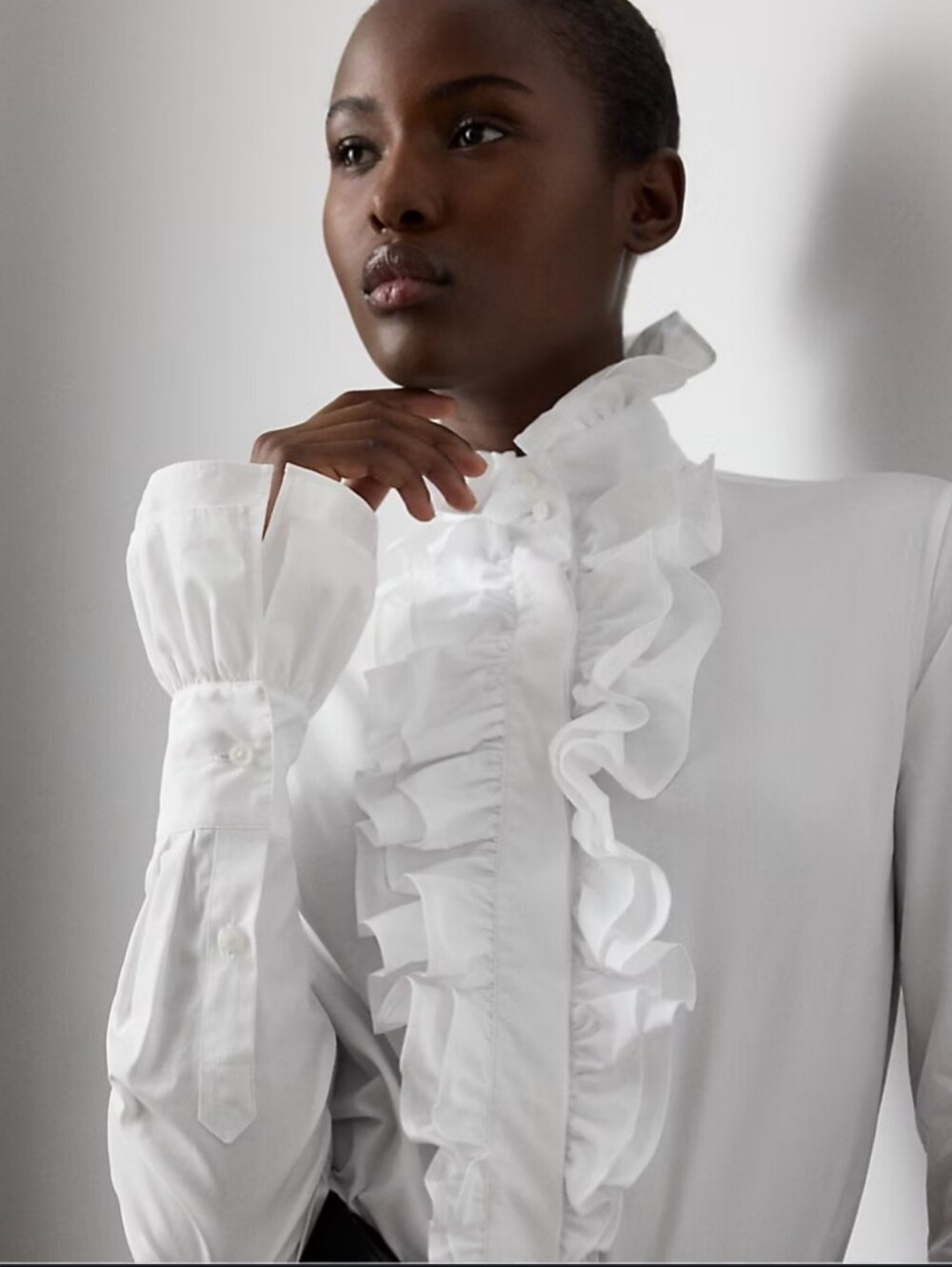 FLATIRON WORKSHOP Crisp Ruffle White Button Down High Collar Victorian